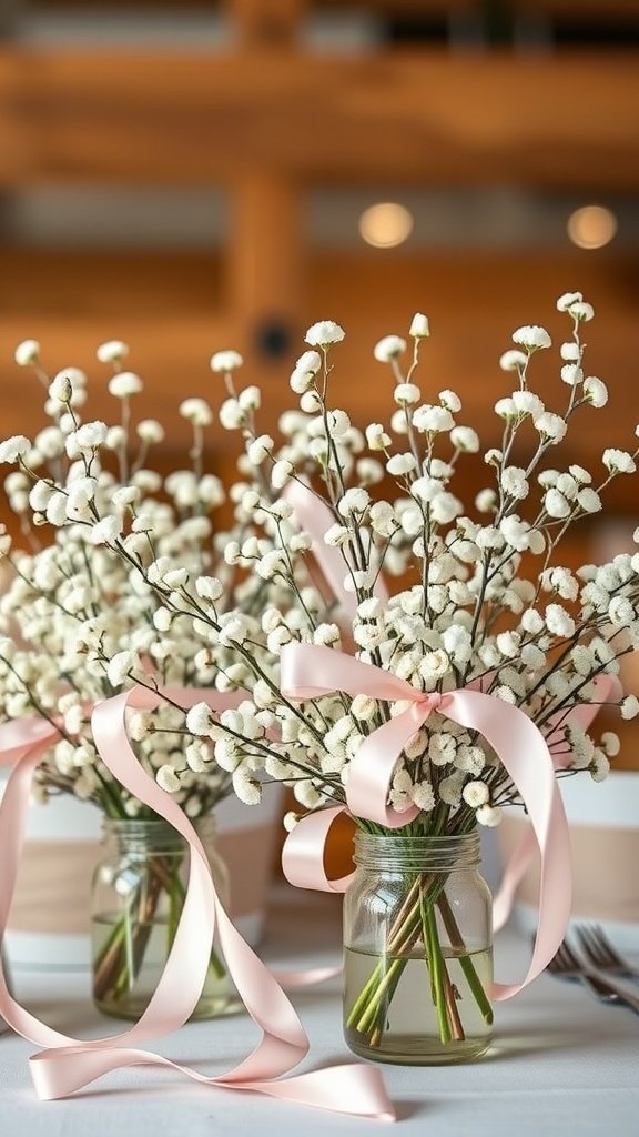 Jars with baby's breath flowers tied with pink ribbons on a table