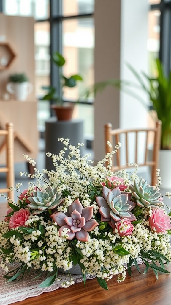 A beautiful wedding centerpiece featuring baby’s breath, pink roses, and succulents.