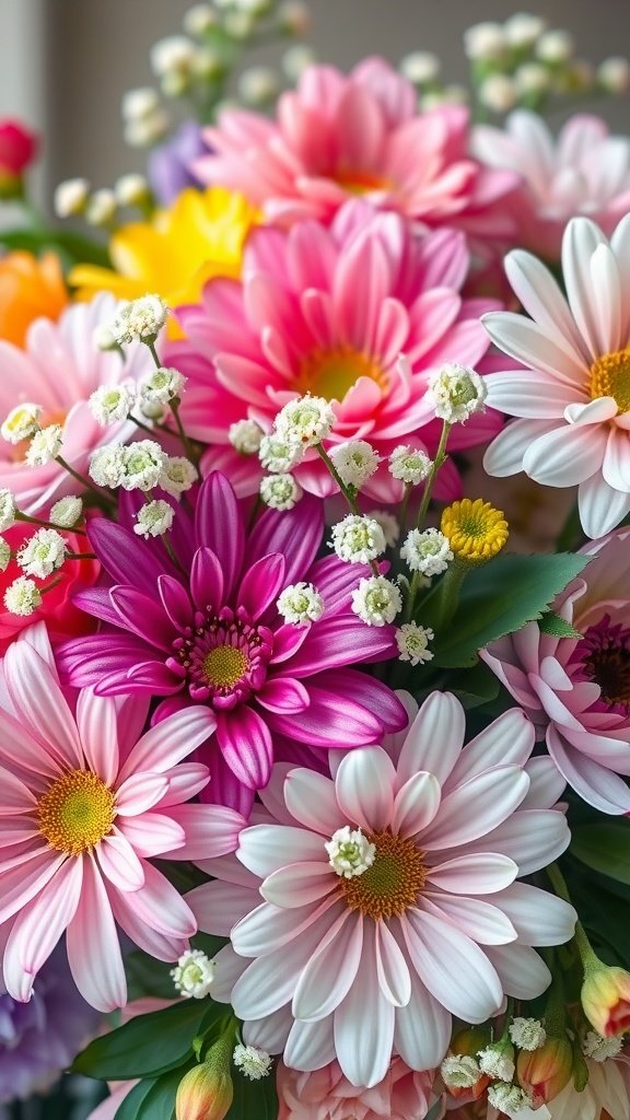 A colorful bouquet featuring daisies and baby's breath, showcasing a blend of vibrant and delicate flowers.