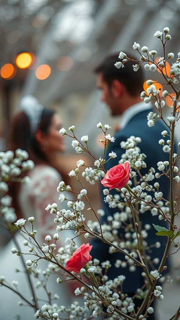 A couple gazing at each other, surrounded by delicate baby's breath and pink roses.