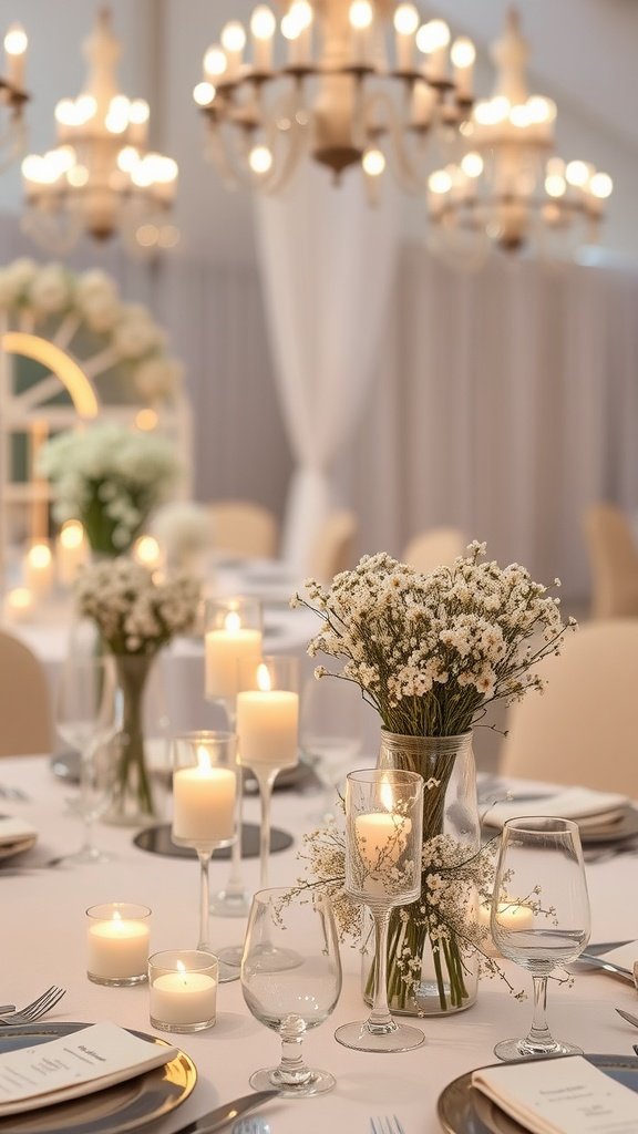 A wedding table set with baby’s breath bouquets and candles as centerpieces, creating a warm and elegant atmosphere.