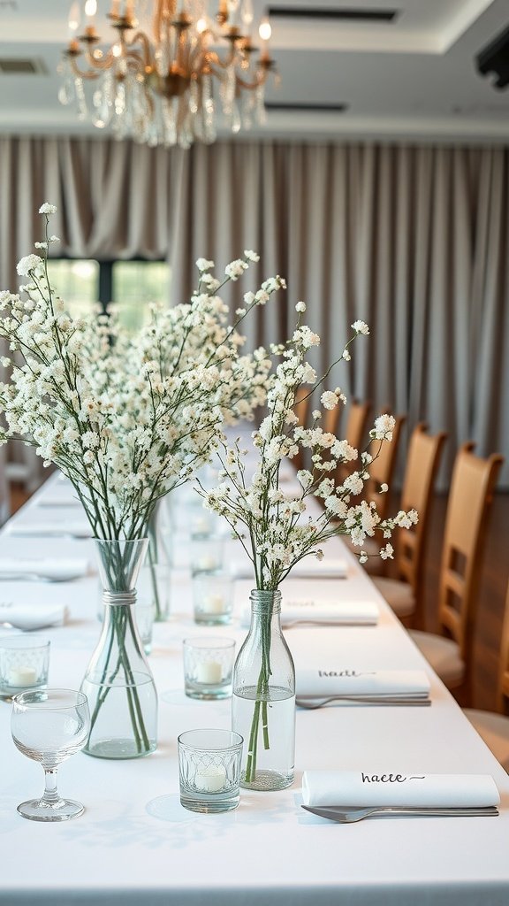 Elegant wedding table set with baby’s breath centerpieces in glass vases and candles.