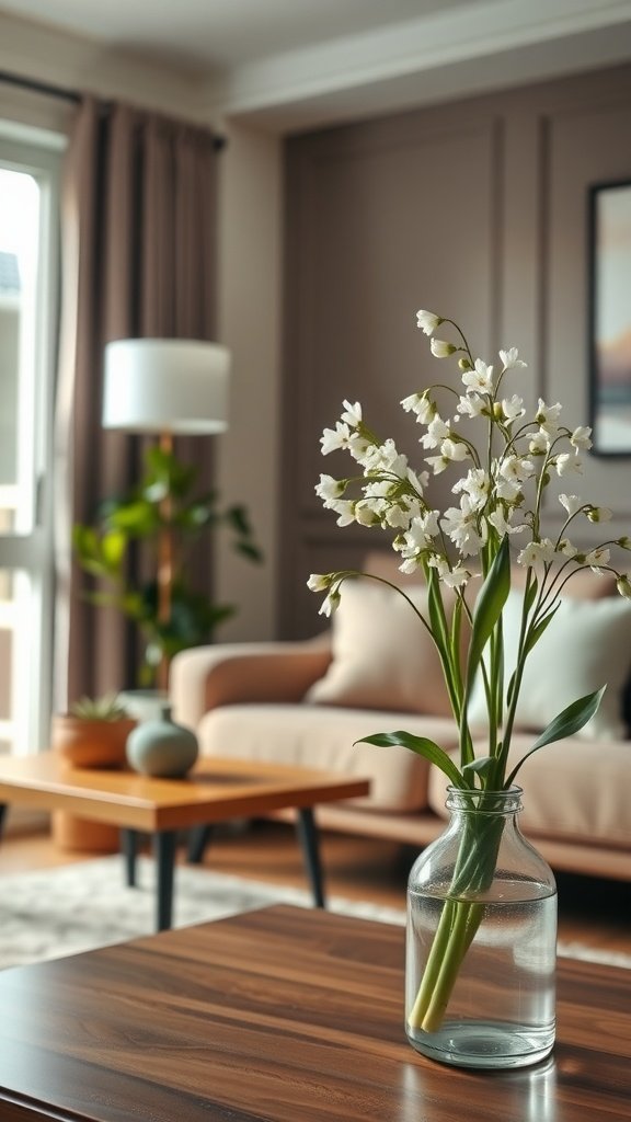A delicate baby's breath bouquet in a clear glass vase on a wooden coffee table in a cozy living room setting.