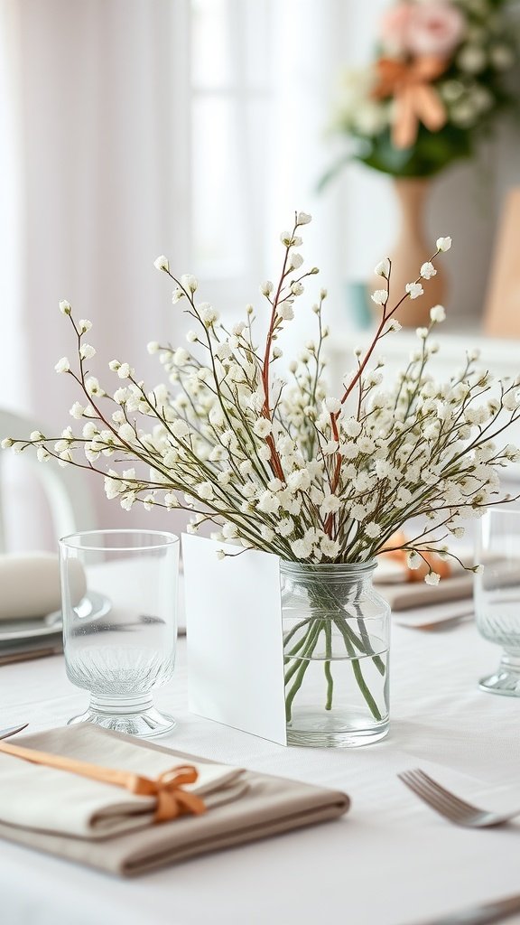 A table set for a baby shower featuring a bouquet of baby's breath in a glass vase.