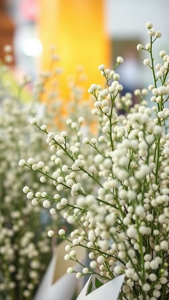 A close-up of a baby's breath bouquet with delicate white flowers and green stems