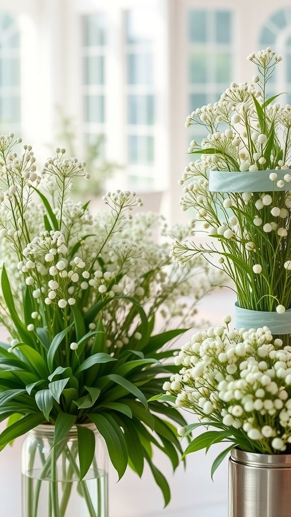A beautiful arrangement of baby's breath flowers in two vases, showcasing their delicate white blooms and lush green leaves.