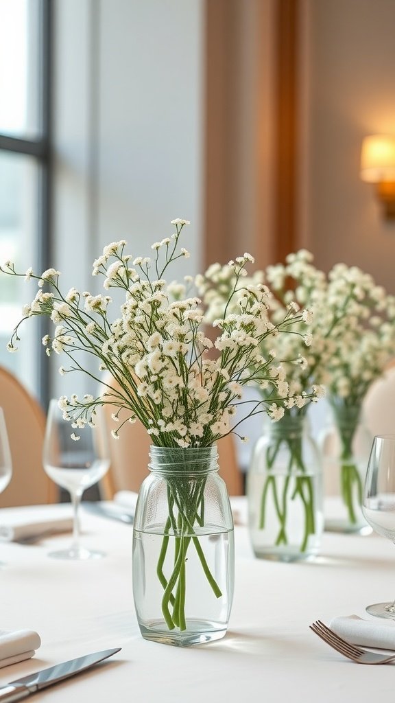Geometric vases filled with baby's breath flowers on elegantly set tables for a wedding