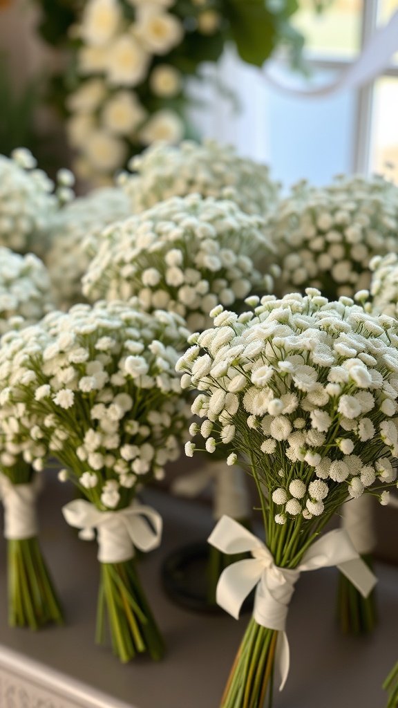 Hand-tied bouquets of baby's breath flowers, wrapped with ribbon.