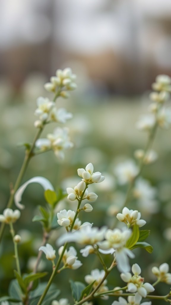 Close-up of a baby's breath bouquet with white flowers and green leaves