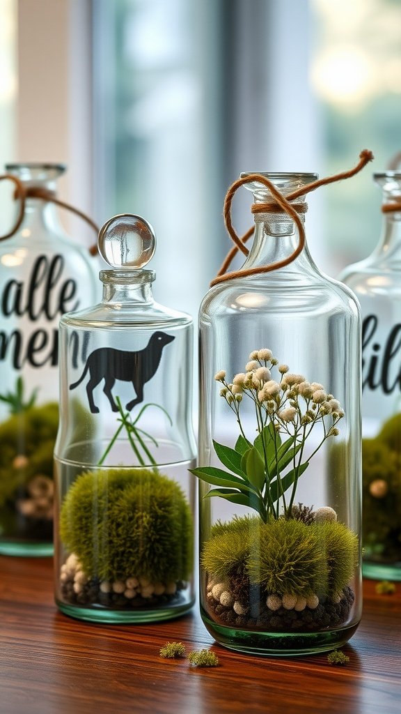 Terrariums with baby’s breath and moss in glass bottles.