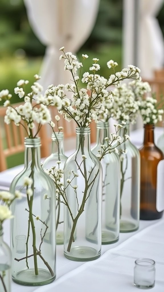 Vintage bottles filled with baby’s breath flowers used as wedding center pieces