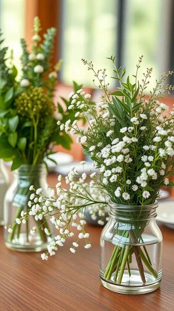 Centerpieces featuring baby’s breath and fresh herbs in clear jars on a wooden table.