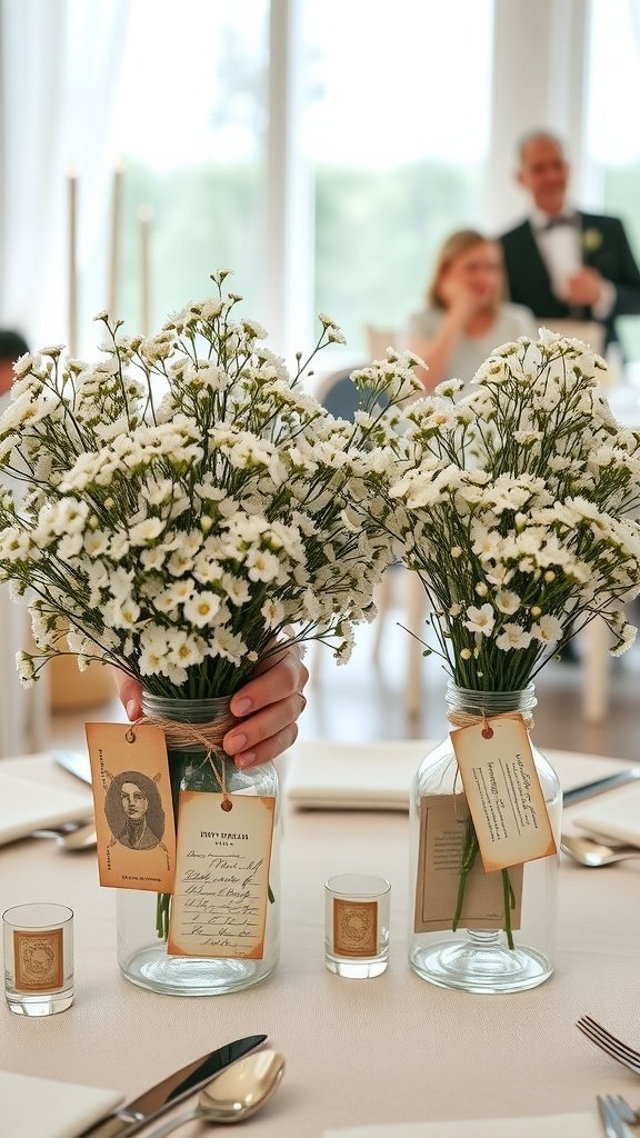 A table setting with jars of baby’s breath flowers and vintage postcards