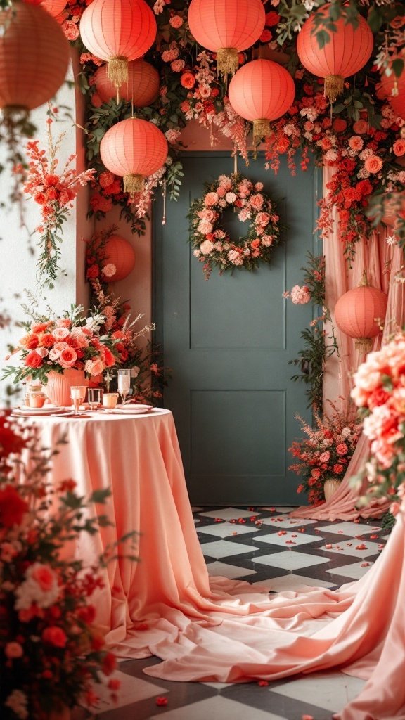 A beautifully decorated spring wedding venue featuring bold coral accents with lanterns, floral arrangements, and a table setting.
