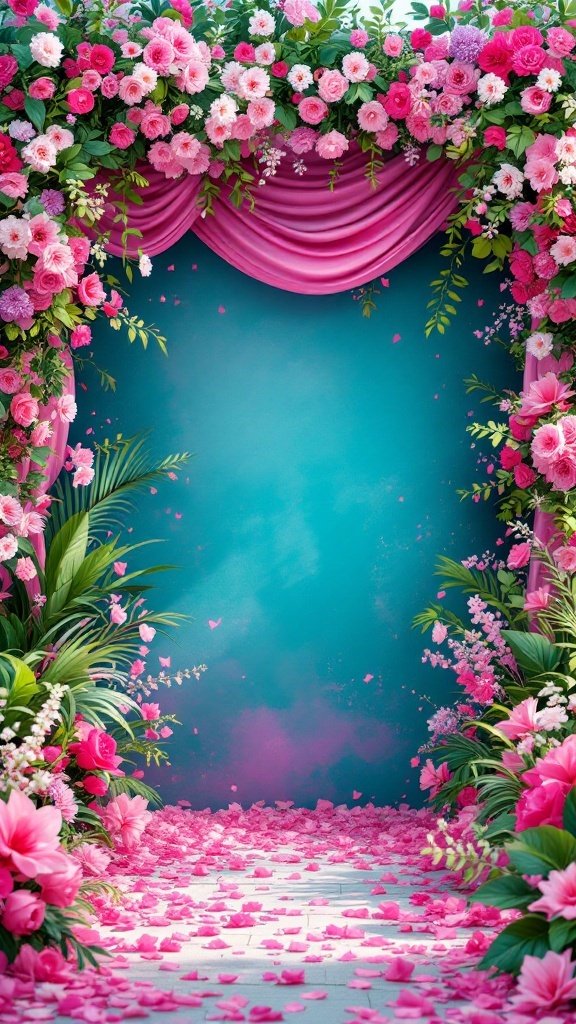 A vibrant display of spring wedding colors featuring a backdrop of aqua with bold fuchsia flowers and drapes.