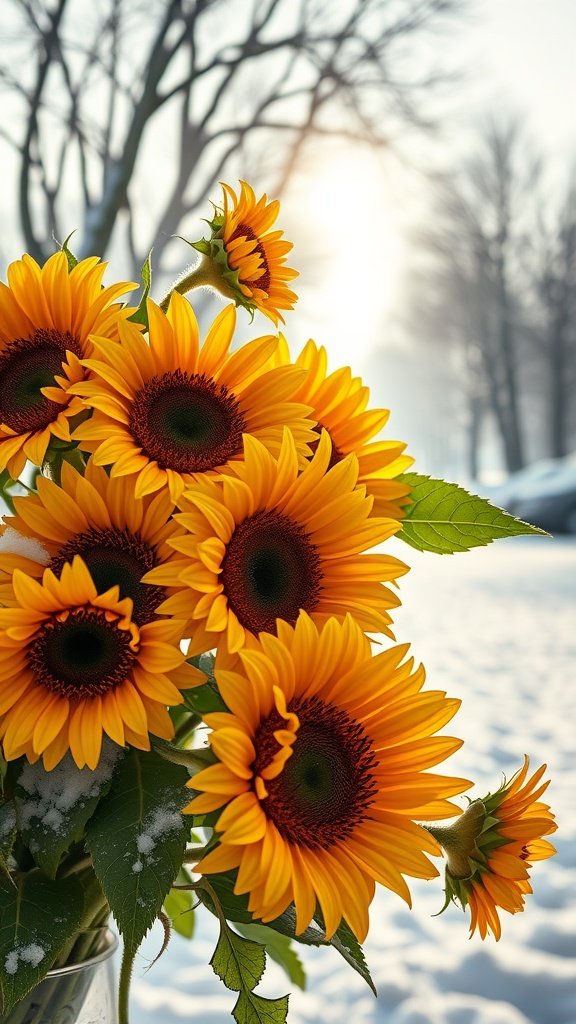 A bouquet of bright sunflowers in a snowy landscape, highlighting their vibrant yellow petals against the winter backdrop.