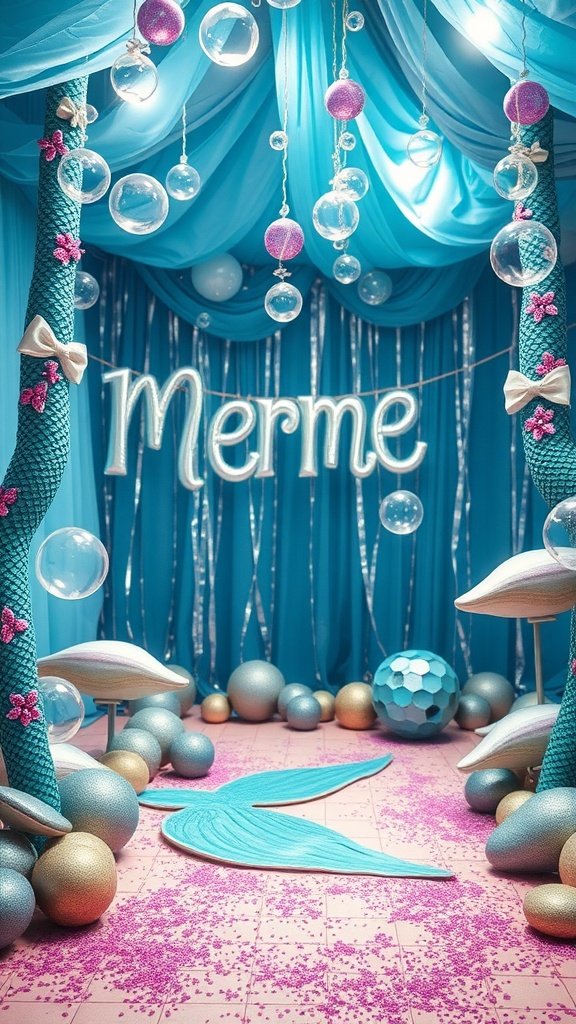 A vibrant mermaid-themed party decoration featuring blue drapes, bubbles, and glittery elements.