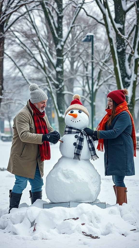 A couple building a snowman in a snowy park, both smiling and enjoying the moment. Winter Date Ideas