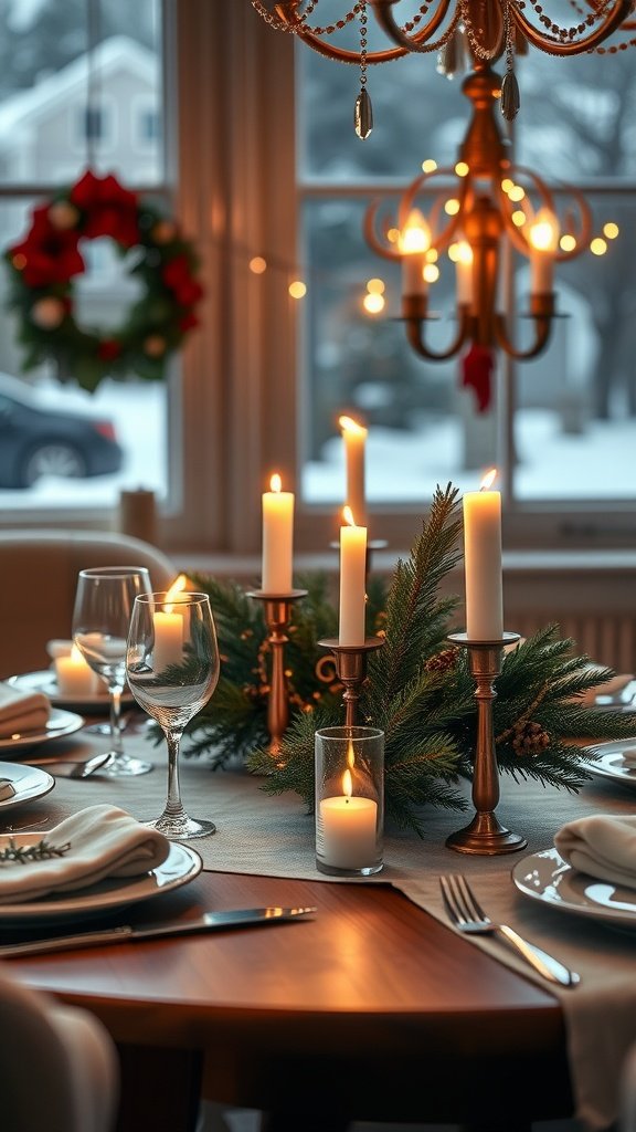 A beautifully set dining table with candles and festive decorations for a cozy winter dinner. Winter Date Ideas