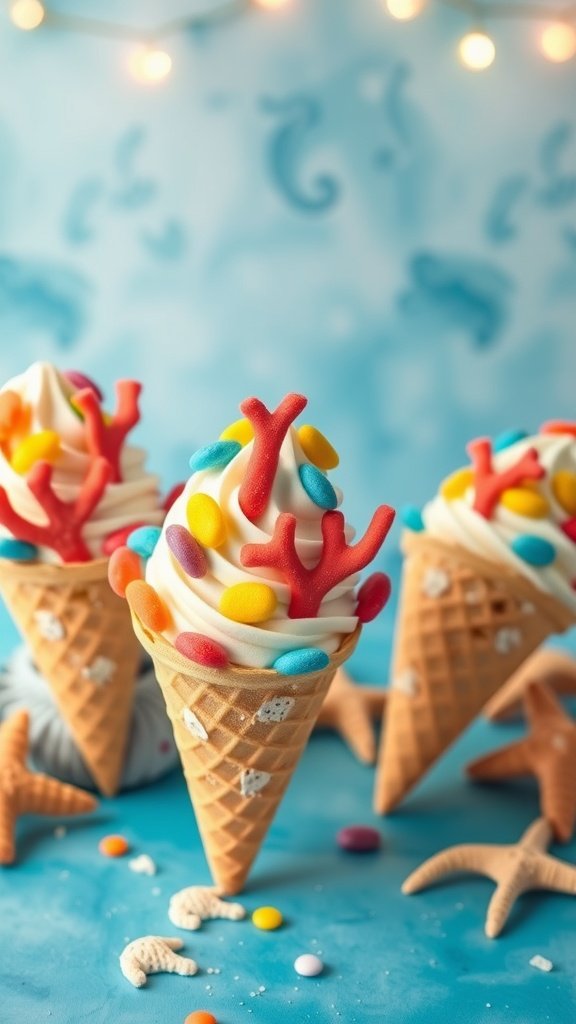 Candy Coral Cones with whipped cream and colorful decorations. Mermaid party food