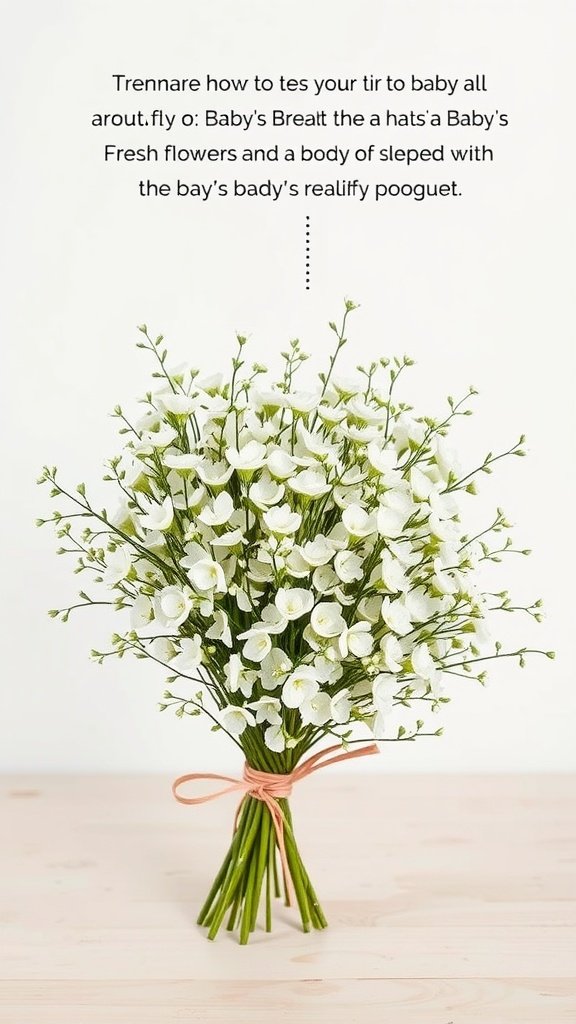 A beautiful bouquet of baby's breath flowers tied with a pink ribbon, set against a light wooden surface.