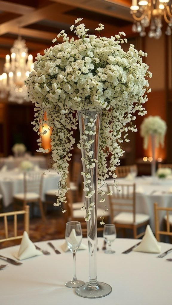 Tall vase with cascading baby’s breath flowers as wedding centerpiece