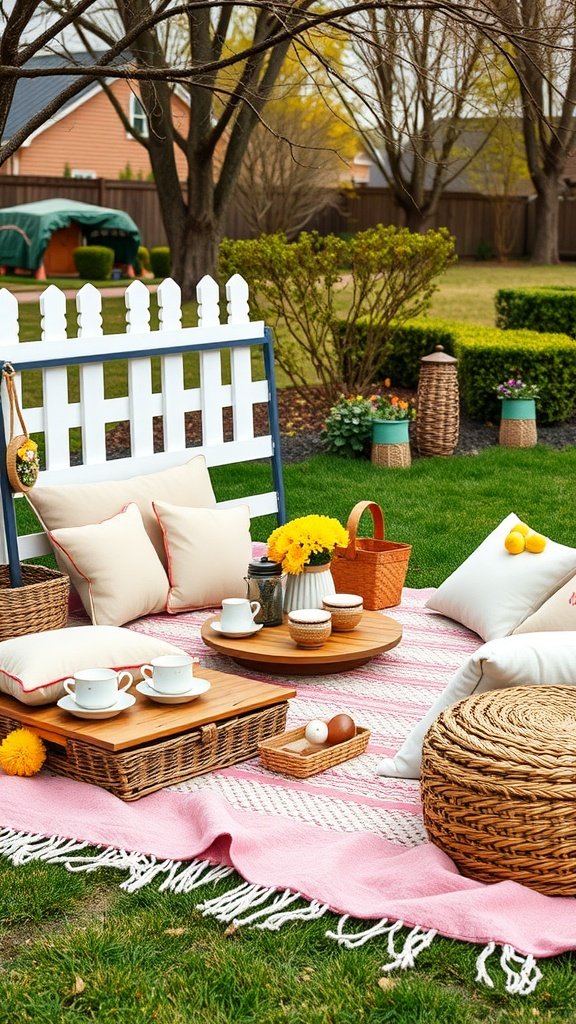 A charming picnic-style seating setup for an Easter tea party, featuring a pink blanket, pillows, and low tables with treats.