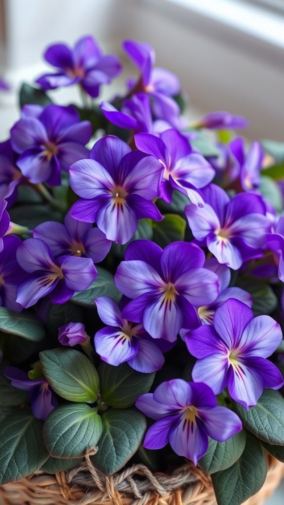 A bouquet of vibrant winter violets in shades of purple and blue.