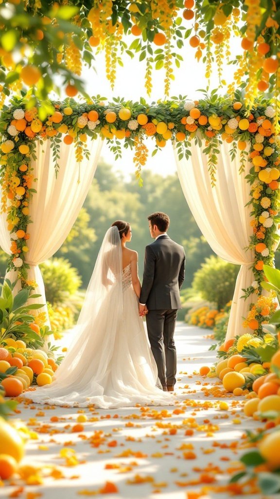 A couple holding hands under a citrus-themed wedding arch adorned with oranges and floral decorations.