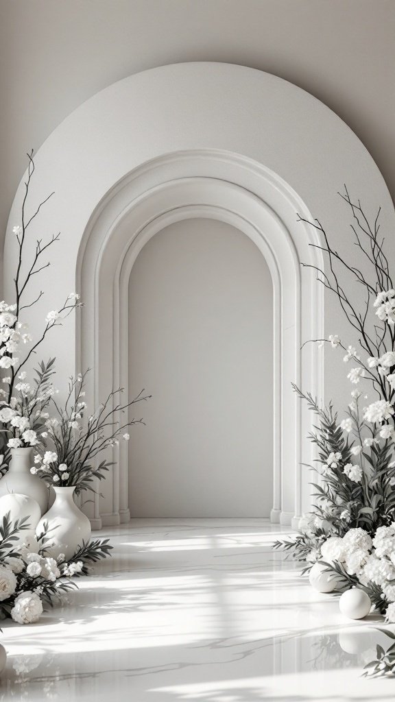 A chic monochrome wedding setup featuring white flowers and elegant arches.