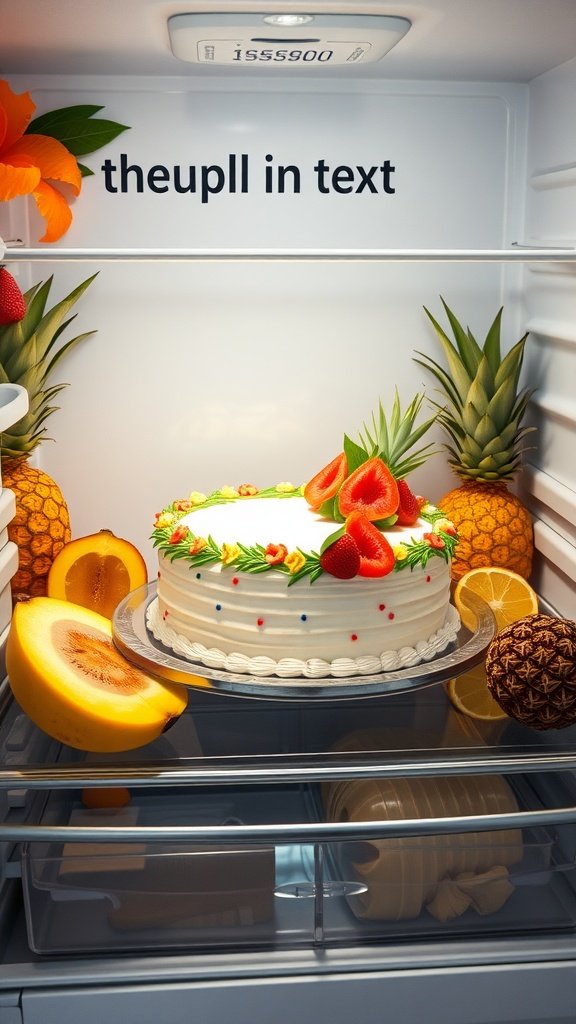 A beautifully decorated luau cake with tropical fruits