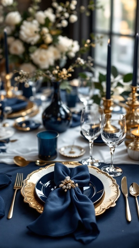 A table set for a wedding featuring navy blue and gold decorations, with elegant floral arrangements.