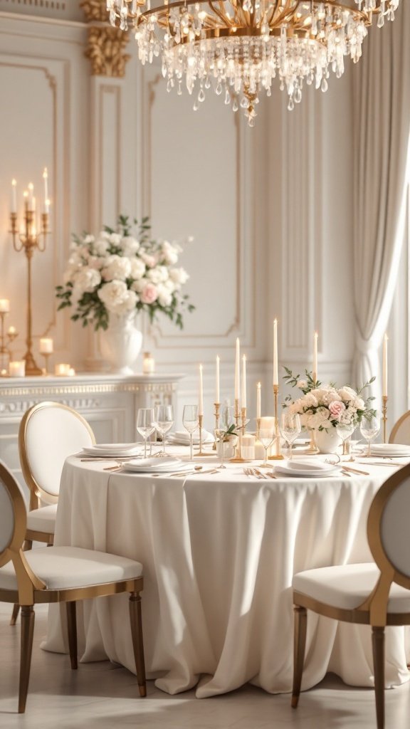 Elegant table setting with white tablecloth, golden accents, and floral arrangements for a spring wedding.