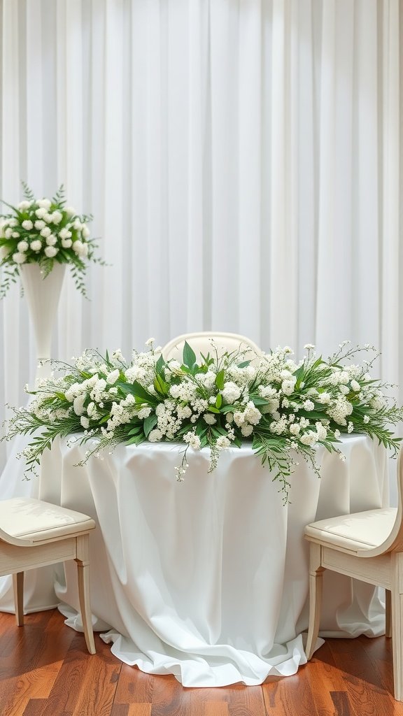 Elegant wedding table decoration with white baby's breath flowers and green foliage