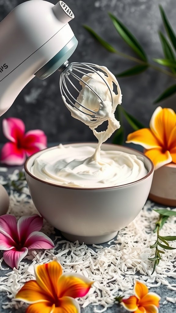 A bowl of creamy coconut frosting with flowers and shredded coconut around it