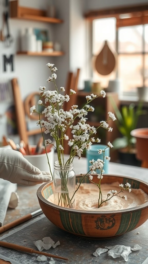 A DIY setup for creating a baby’s breath centerpiece, featuring delicate white flowers in a rustic bowl with a hand placing them.
