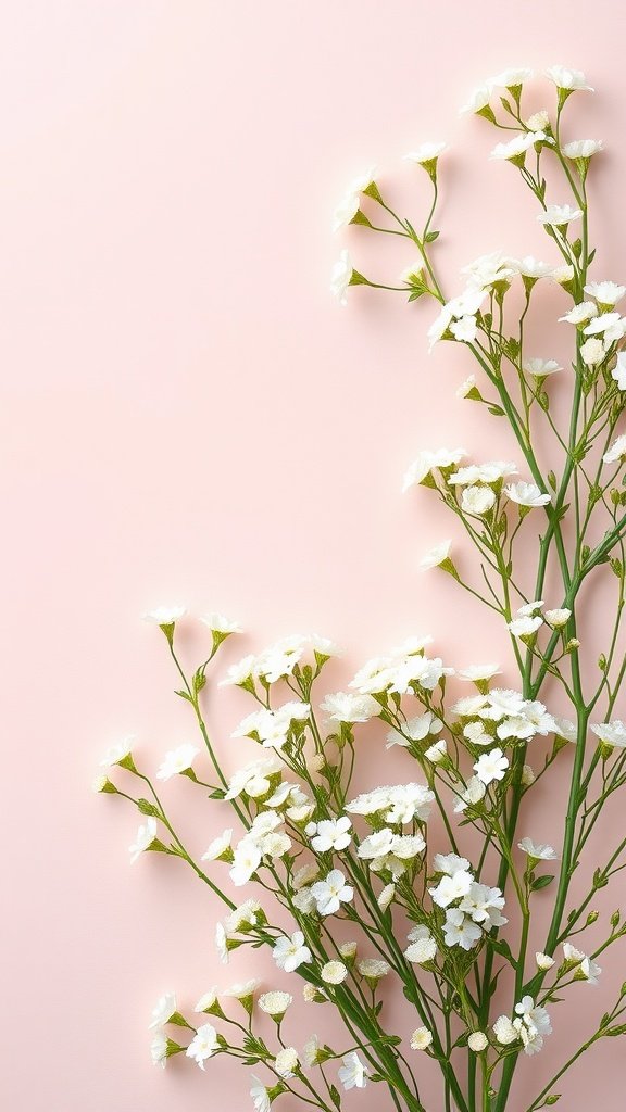 A close-up of baby's breath on a soft pink background, showcasing the delicate white flowers.