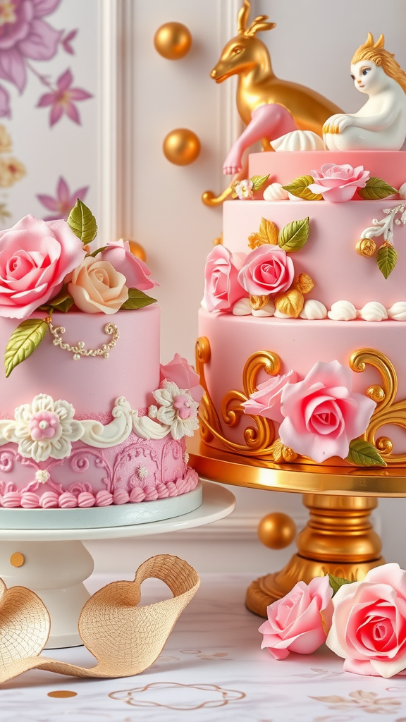 Elegant Rococo style cakes decorated with pink roses and golden accents.
