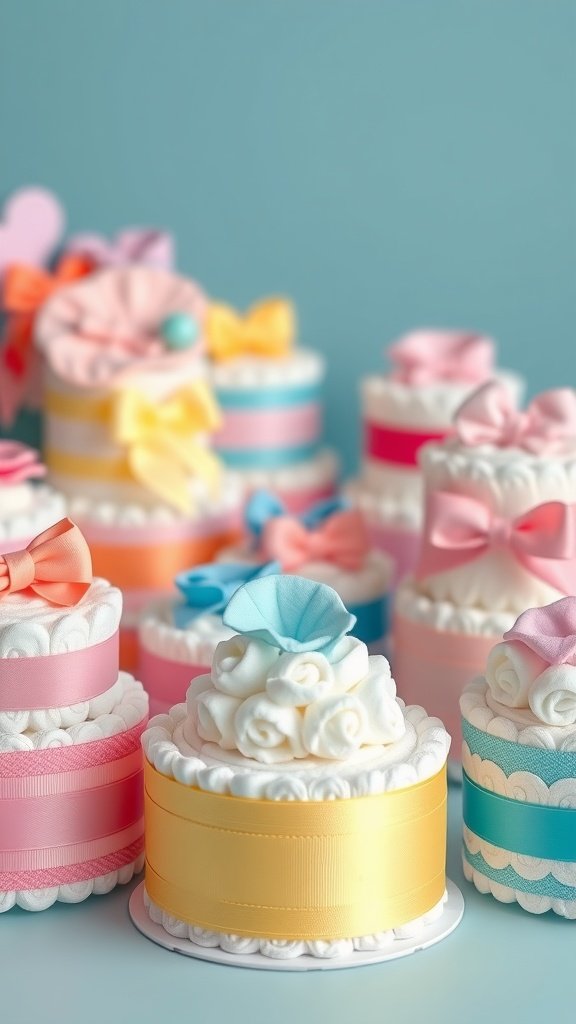 A display of colorful mini diaper cakes with various ribbons and decorations.