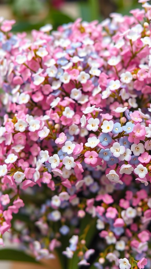 A colorful bouquet of baby's breath flowers, featuring pink and blue blooms.