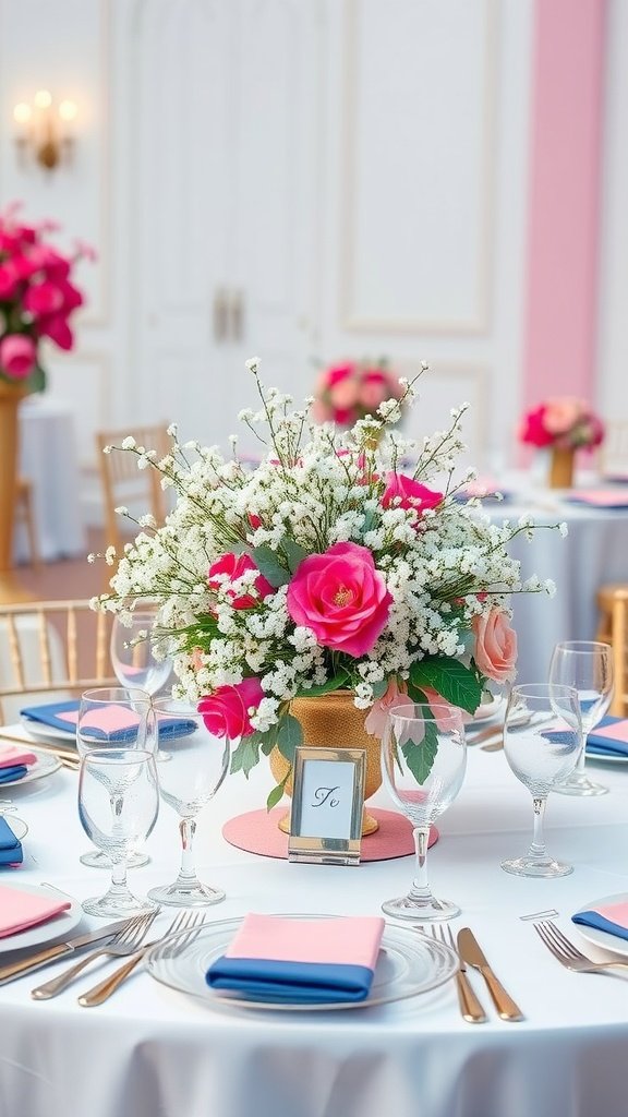 A wedding table setting featuring a centerpiece of baby's breath and pink roses, with colorful napkins and elegant tableware.