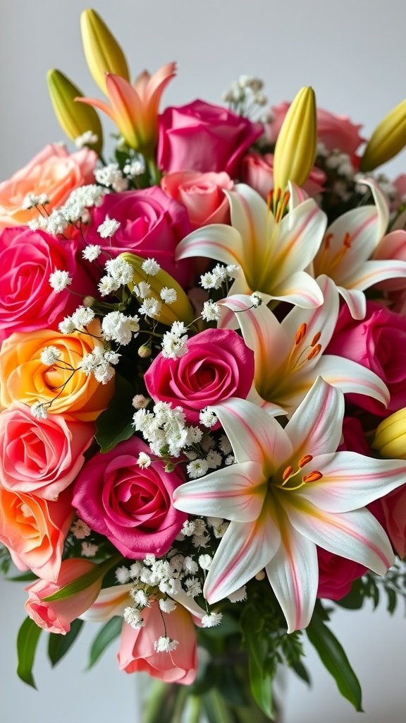 A vibrant bouquet featuring pink and orange roses, white and yellow lilies, and delicate baby's breath, showcasing a beautiful floral arrangement.