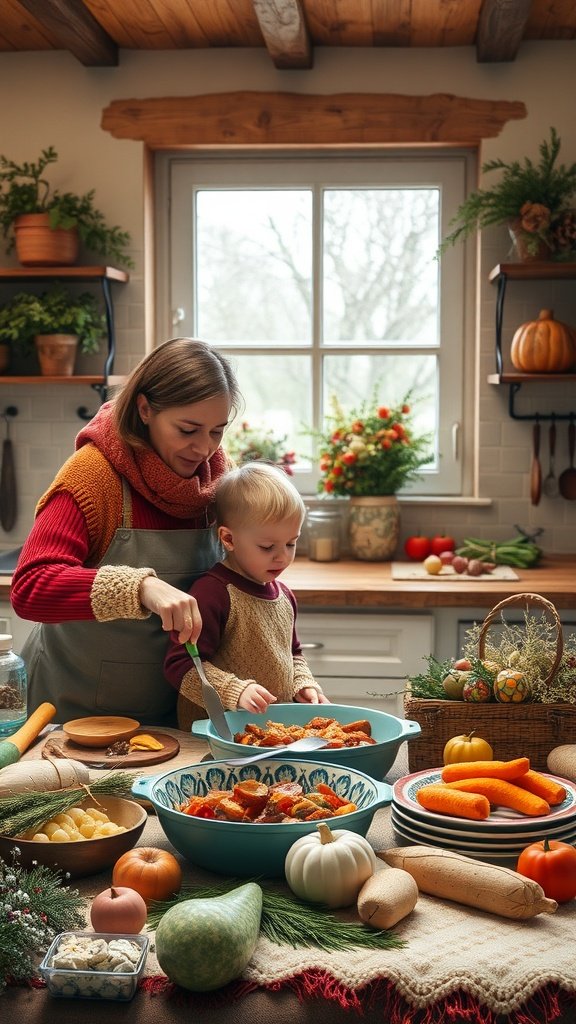 A parent and child cooking together in a cozy kitchen filled with seasonal vegetables and a warm atmosphere.