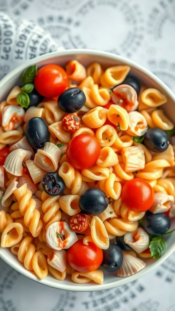 Colorful pasta salad with cherry tomatoes and olives