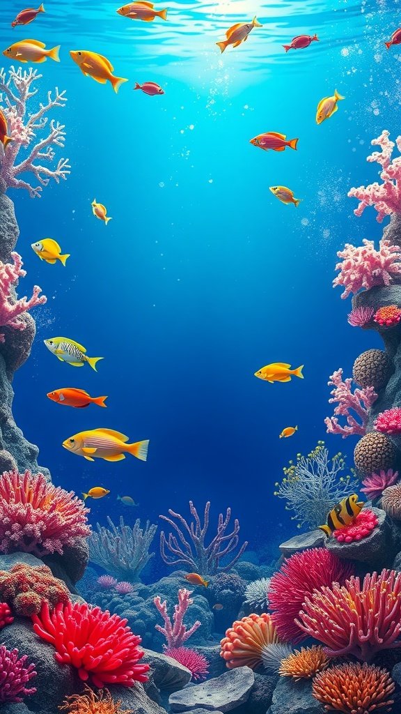 A colorful coral reef backdrop with vibrant fish and corals, ideal for mermaid party decorations.