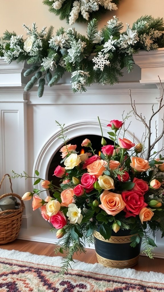 A cozy arrangement of winter flowers with roses in vibrant colors placed near a fireplace.