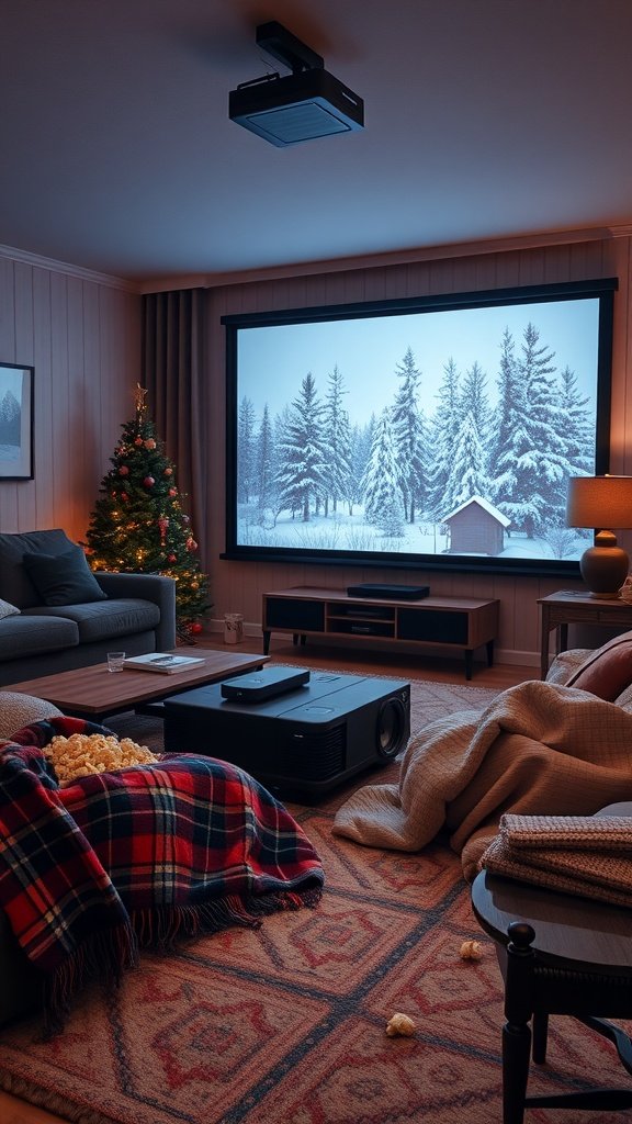 A cozy living room with a projector showing snowy trees, a Christmas tree nearby, and blankets on a couch. Winter Date Ideas