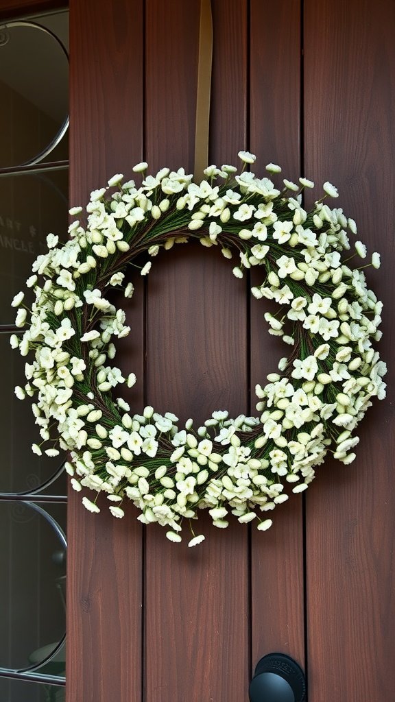 A beautifully crafted baby's breath wreath hanging on a wooden door.