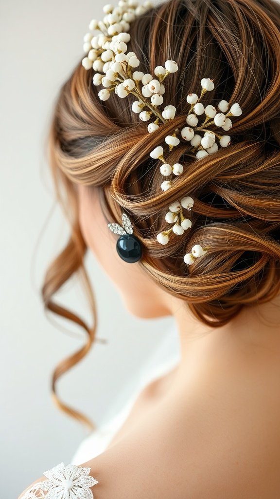 A woman with hair styled in curls adorned with a baby's breath bouquet and a decorative hairpin.
