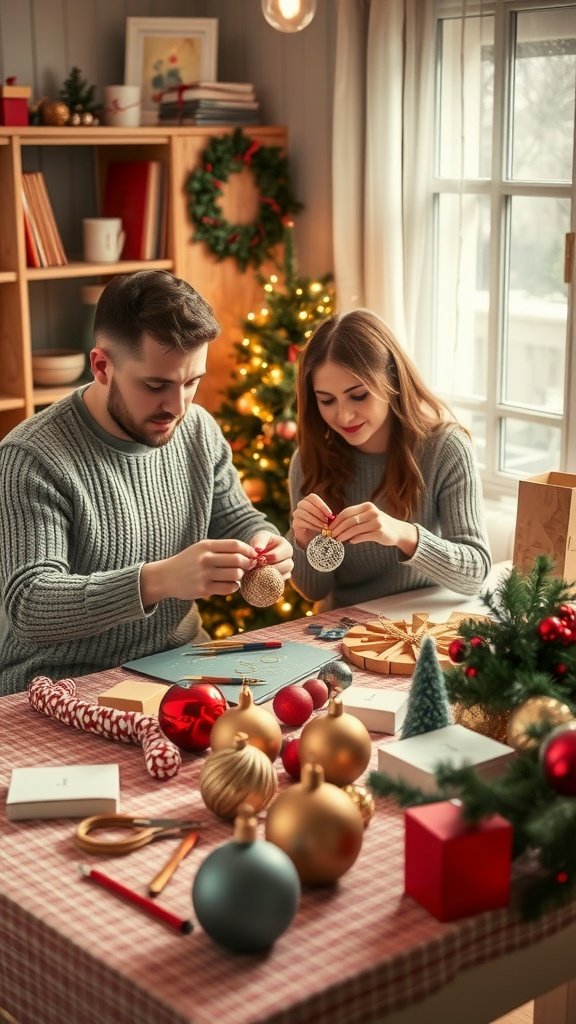 A couple making homemade ornaments for winter decorations at a festive table. Winter Date Ideas